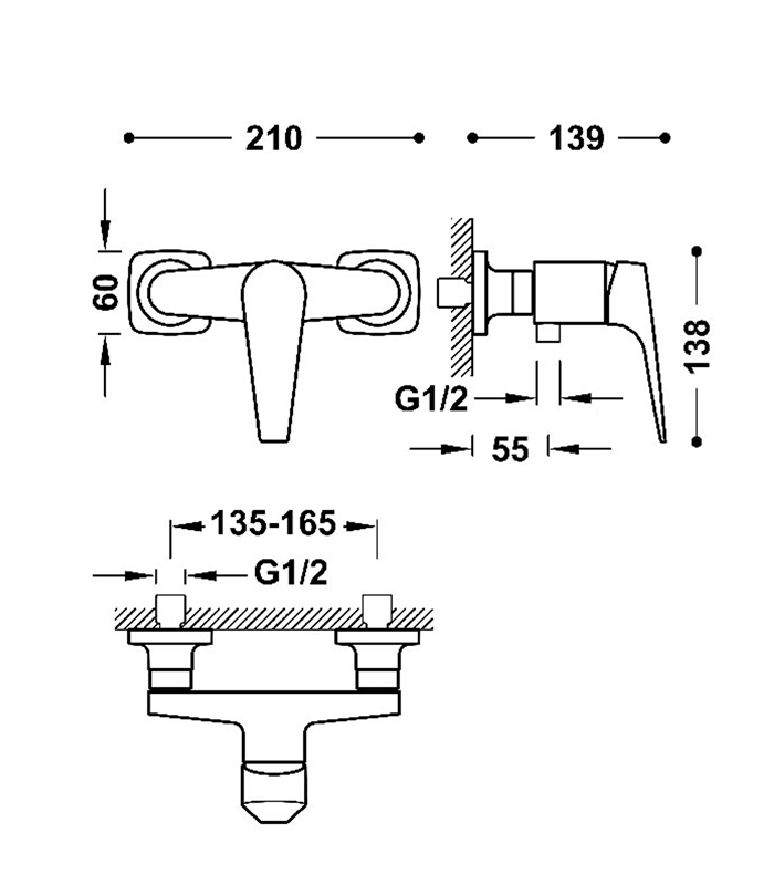 plan-ft MITIGEUR BAIGNOIRE APPARENT MURAL CANIGO TRES PLUS CHROME bps tunisie